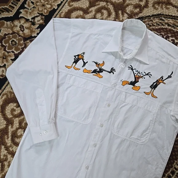 Retro 90s Looney Toons Daffy Duck White Cotton Button Up Shirt Vintage 1990s - Picture 4 of 16